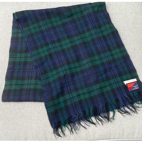 unbranded Accessories - Vintage cashmere wool blend scarf blue green plaid Made in Scotland